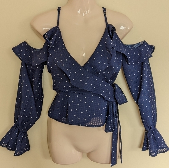 RUNAWAY polka dot blue and white off the cold shoulder ruffled wrap top blouse s - Picture 5 of 16